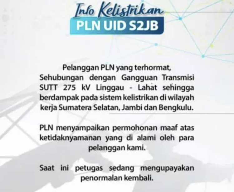 Gangguan Transmisi SUTT Lubuk Linggau-Lahat Sebabkan Pemadaman Listrik di Lampung