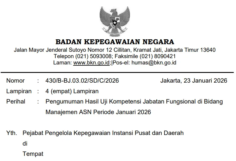 Pengumuman Hasil Uji Kompetensi Jabatan Fungsional Manajemen ASN Januari 2026
