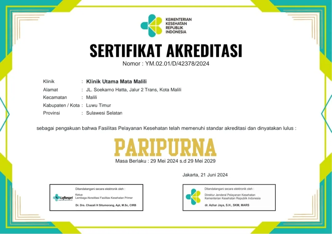Klinik Utama Mata Malili Dapatkan Akreditasi PARIPURNA dari Kemenkes RI