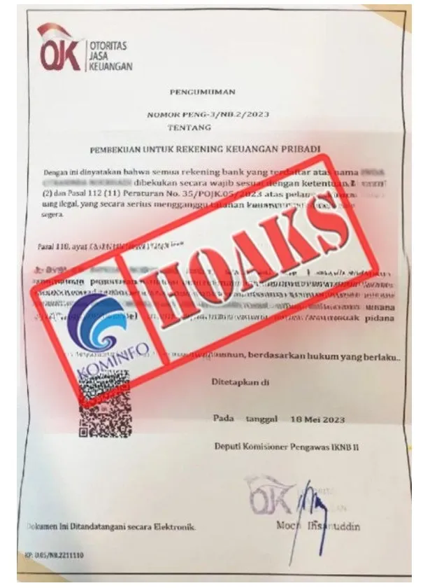 OJK Peringatkan Penipuan Surat Pembekuan Rekening Pribadi