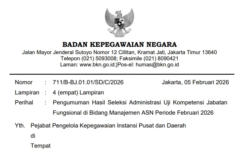 Hasil Seleksi Administrasi Uji Kompetensi Jabatan Fungsional ASN Februari 2026