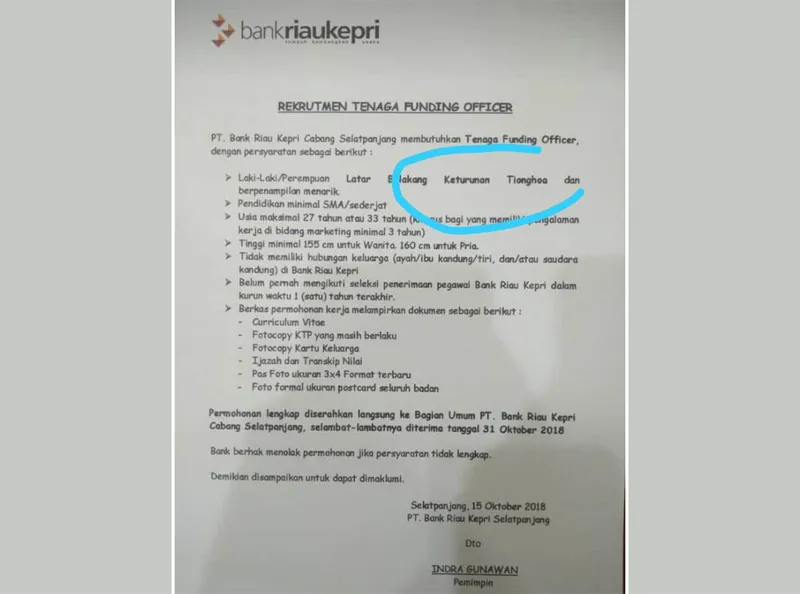 Surat Rekrutmen Funding Officer BRK Selatpanjang Sempat Cantumkan Syarat Keturunan Tionghoa, Pihak Bank Tarik Kembali