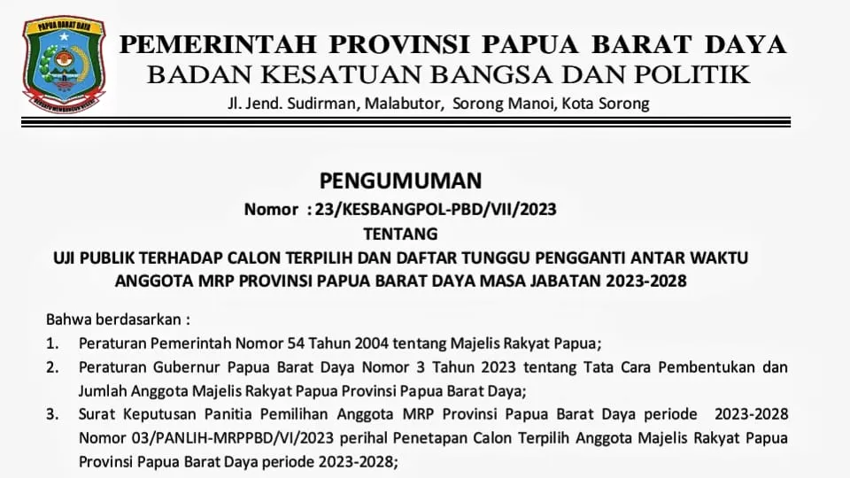 Jadwal Uji Publik dan Daftar Calon Anggota MRP Papua Barat Daya 2023-2028