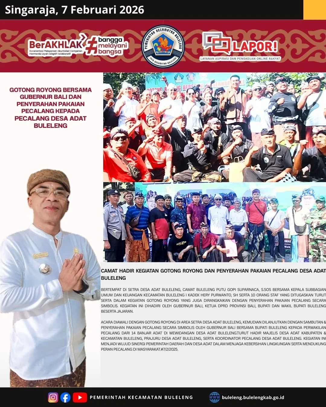 Camat Buleleng Ikut Gotong Royong dan Serahkan Pakaian Pecalang
