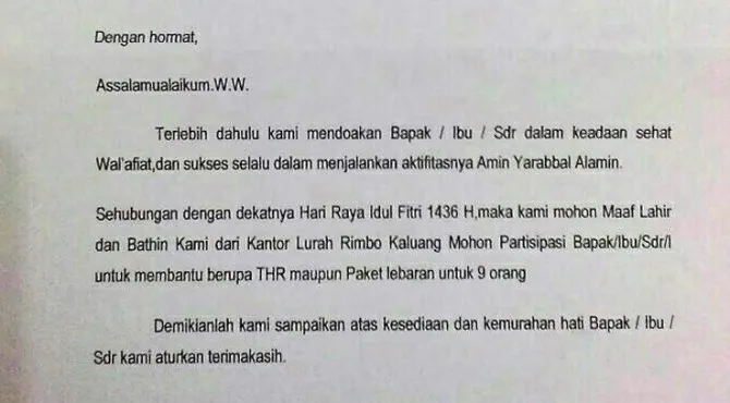Surat Permintaan THR dari Kelurahan Rimbo Kaluang Viral, Lurah Minta Maaf