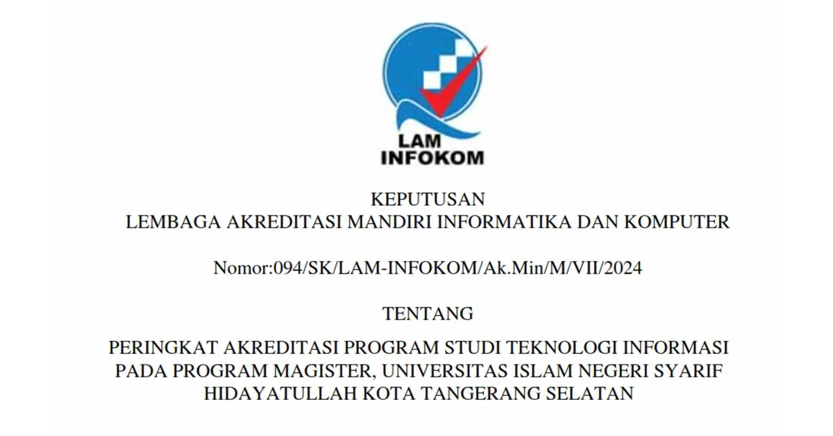 Program Magister TI UIN Syarif Hidayatullah Jakarta Dapat Akreditasi LAM-INFOKOM