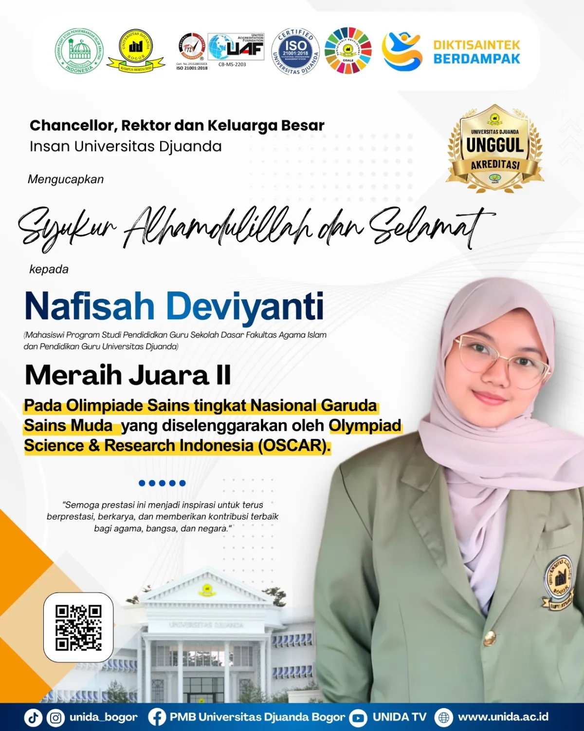 Mahasiswi UNIDA Nafisah Deviyanti Sabet Juara 2 OSCAR Nasional