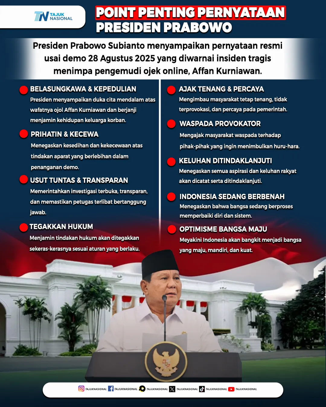 Pernyataan Presiden Prabowo Usai Aksi Demontrasi 28 Agustus 2025