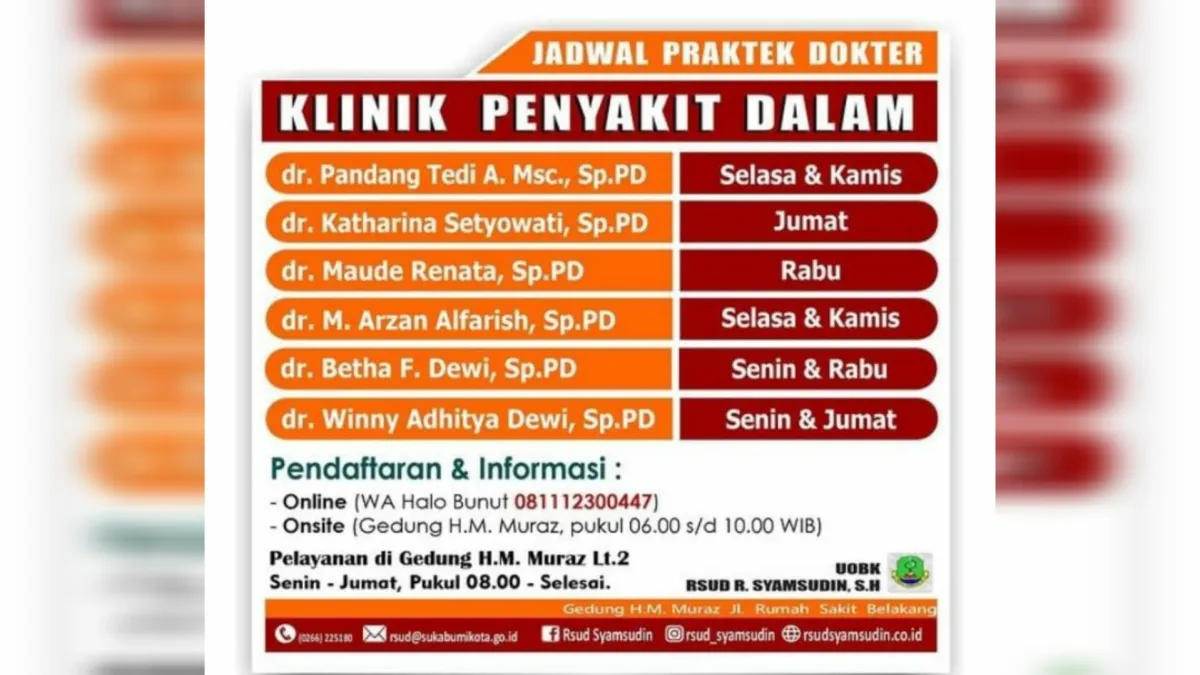 Jadwal Praktek Dokter Klinik Penyakit Dalam di RSUD R Syamsudin SH