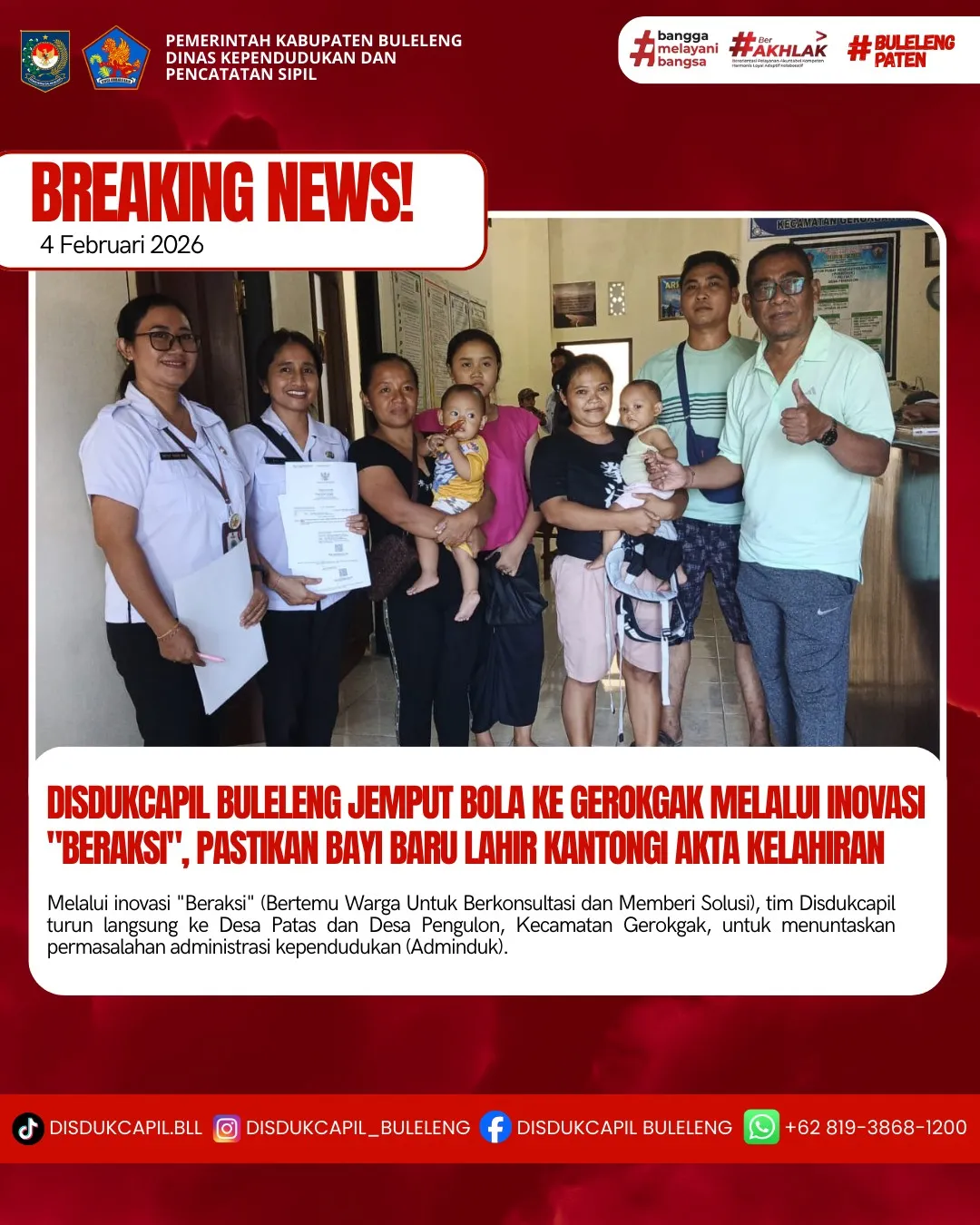 Disdukcapil Buleleng Inovasi 'Beraksi' Percepat Pemberian Akta Kelahiran untuk Bayi