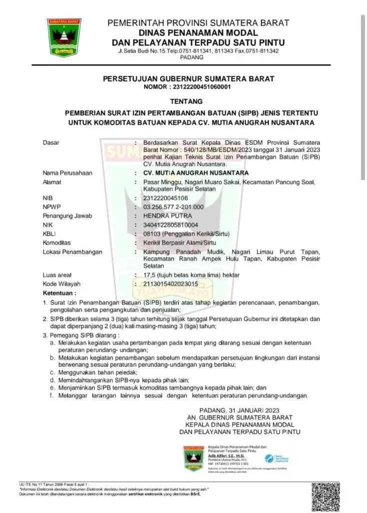Kegiatan Pertambangan Galian C oleh CV Mutiara Anugerah Nusantara di Tapan Pessel Mematuhi Prosedur