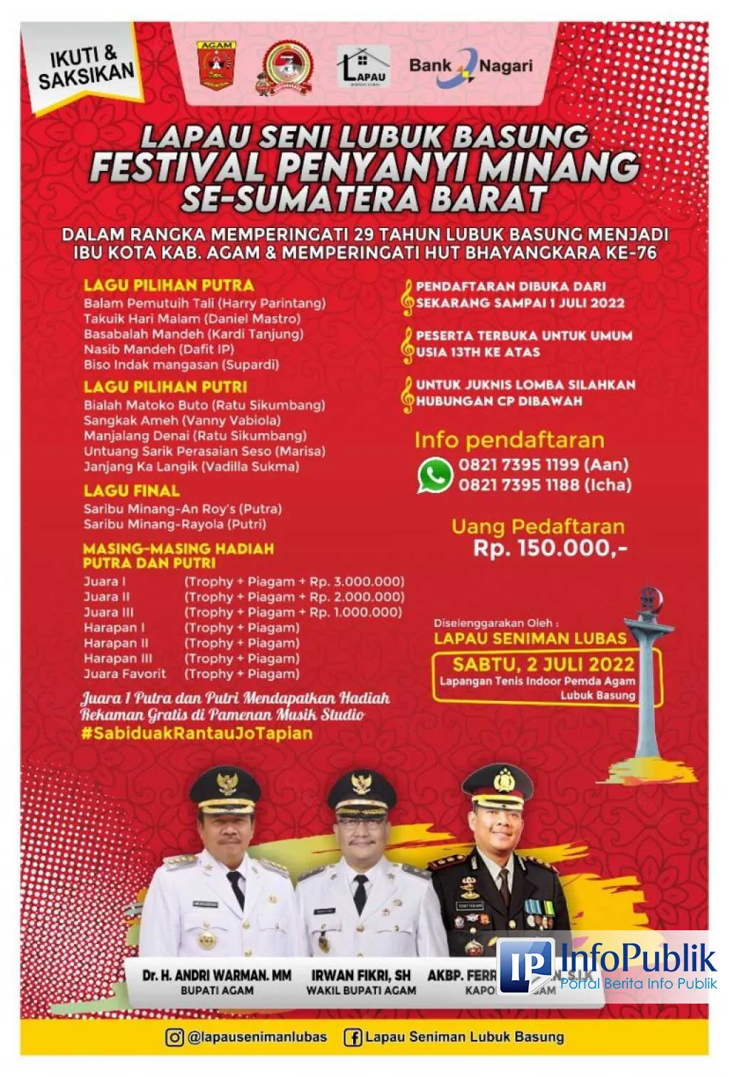 Festival Penyanyi Minang Terbesar di Lubuk Basung Siap Digelar