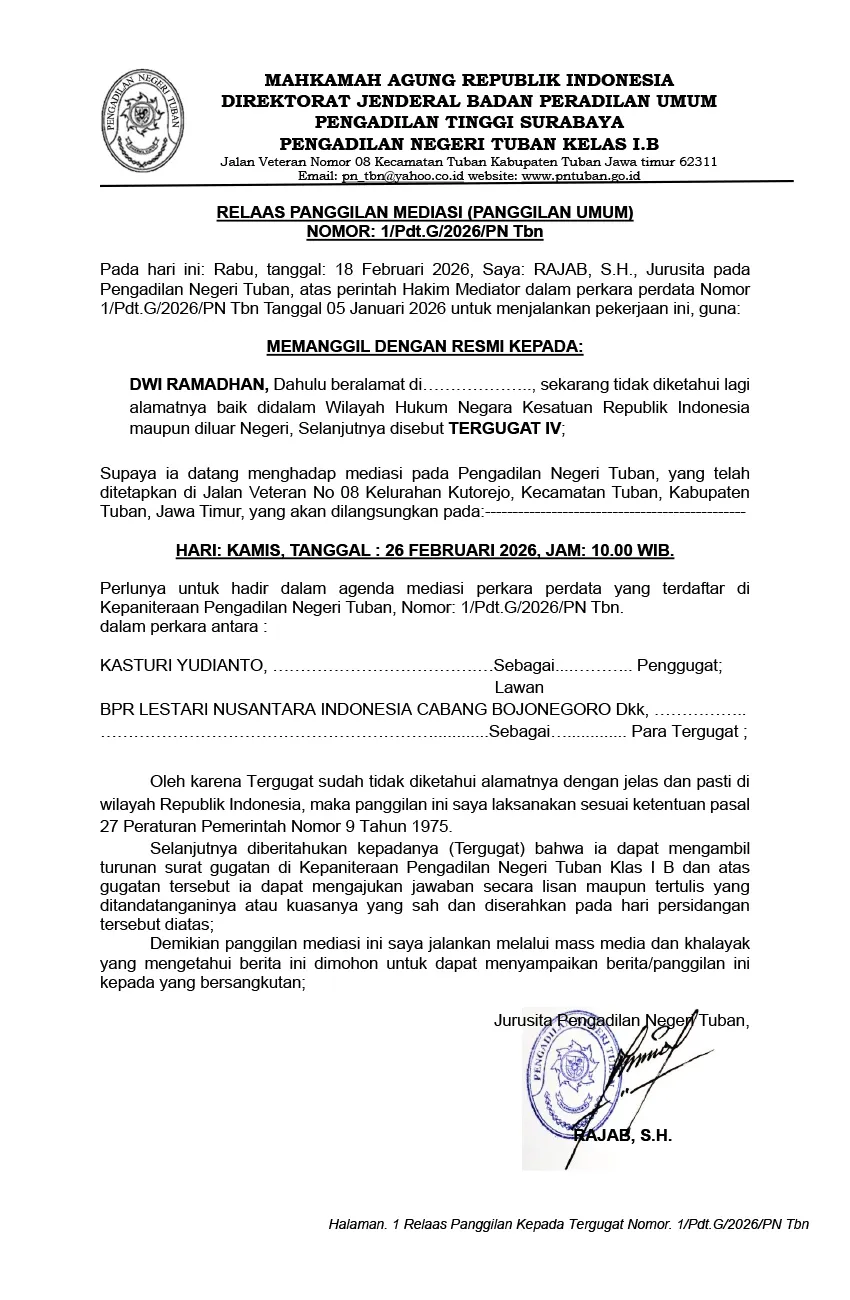 Panggilan Mediasi Pengadilan Negeri Tuban Nomor 1/Pdt.G/2026/PN TBN