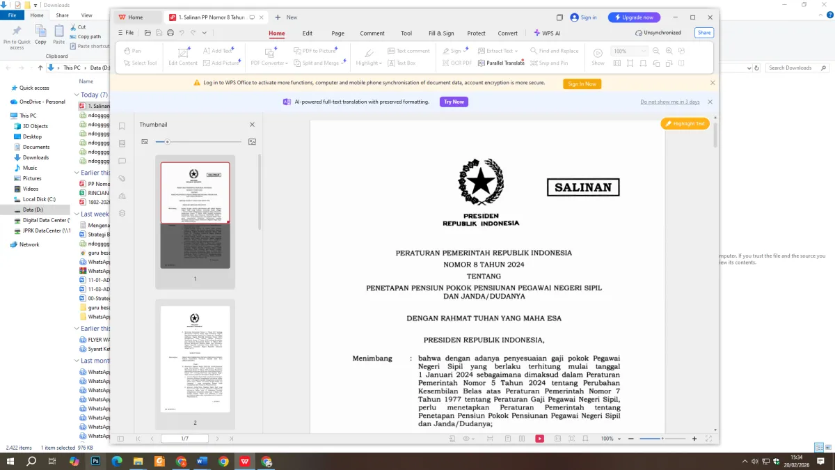 Gaji Pensiunan PNS 2026 Mengacu PP 8/2024, Pencairan pada Maret