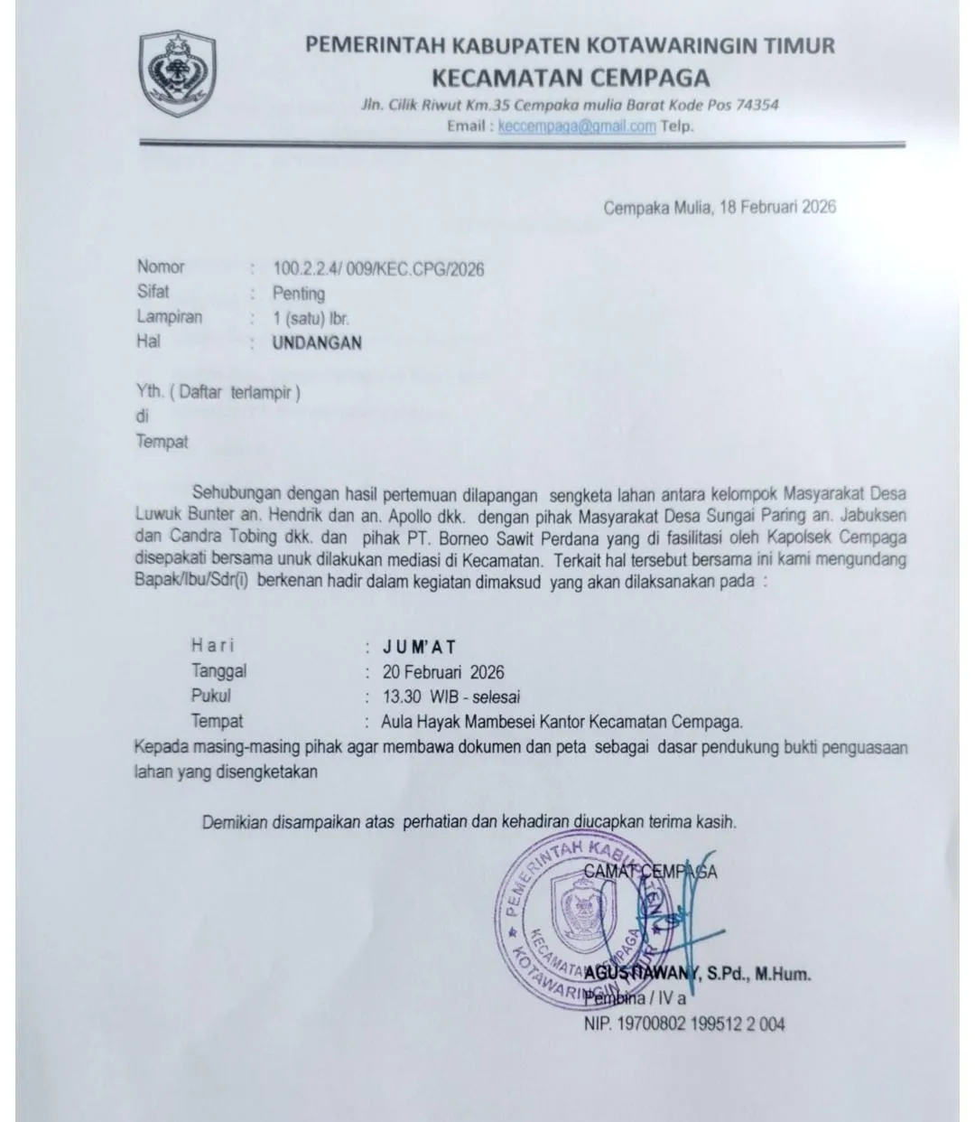 Mediasi Sengketa Lahan PT BSP dengan Warga Digelar di Cempaga