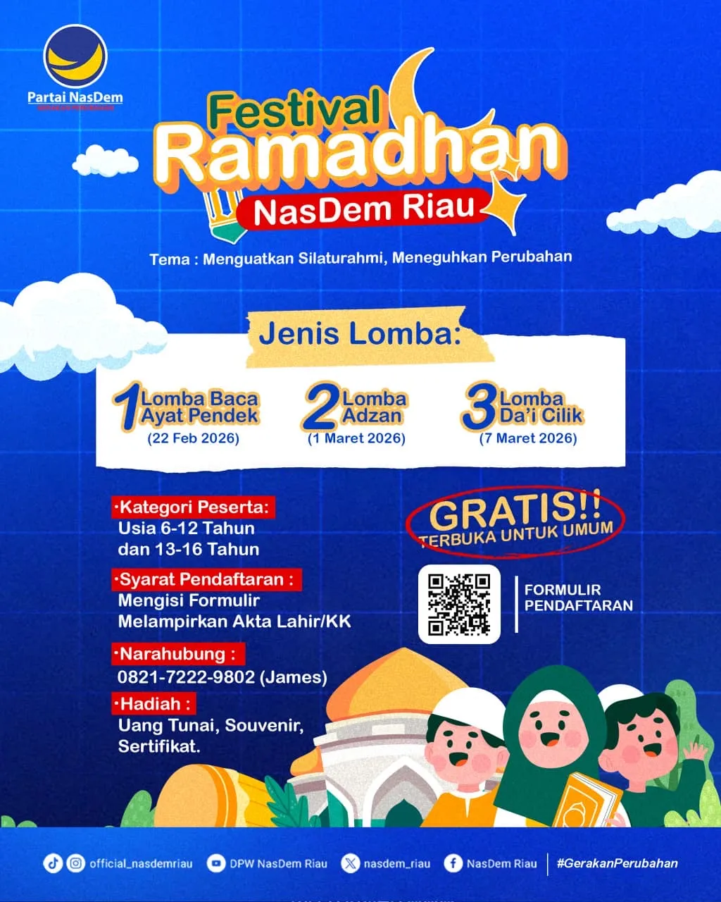 Festival Ramadan NasDem Riau 2026: Lomba Azan dan Baca Surat Pendek untuk Anak dan Remaja