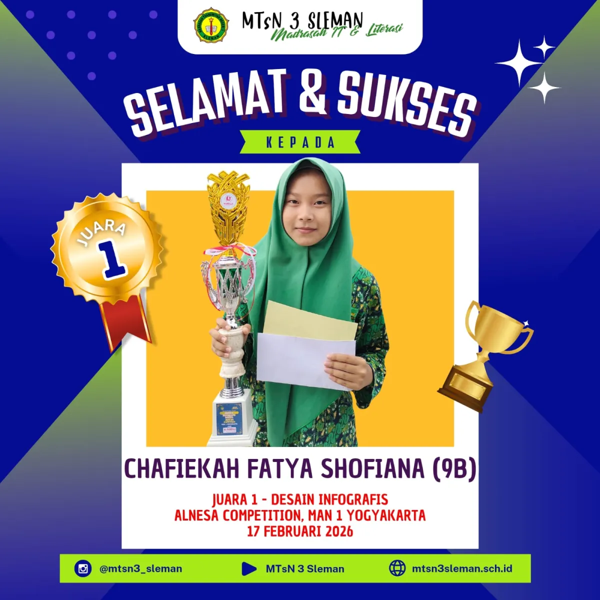 Fatya Shofiana Raih Juara 1 Lomba Desain Infografis, Mengharumkan Nama MTsN 3 Sleman