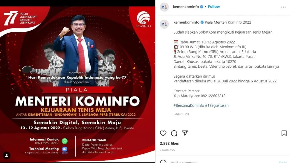 Kejuaraan Tenis Meja Kemenkominfo Dalam Rangka HUT RI ke-77