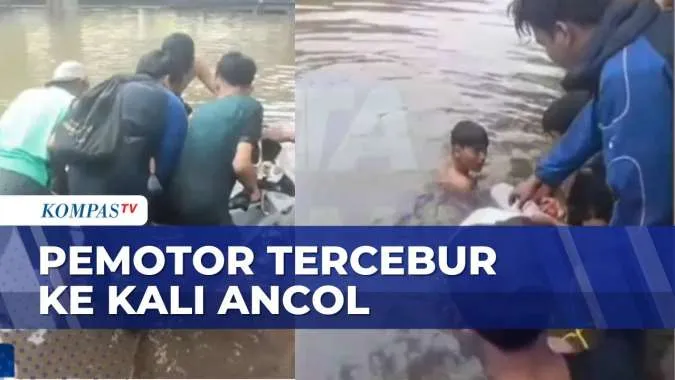 Pengendara Motor Tercebur ke Kali Ancol Saat Hindari Banjir