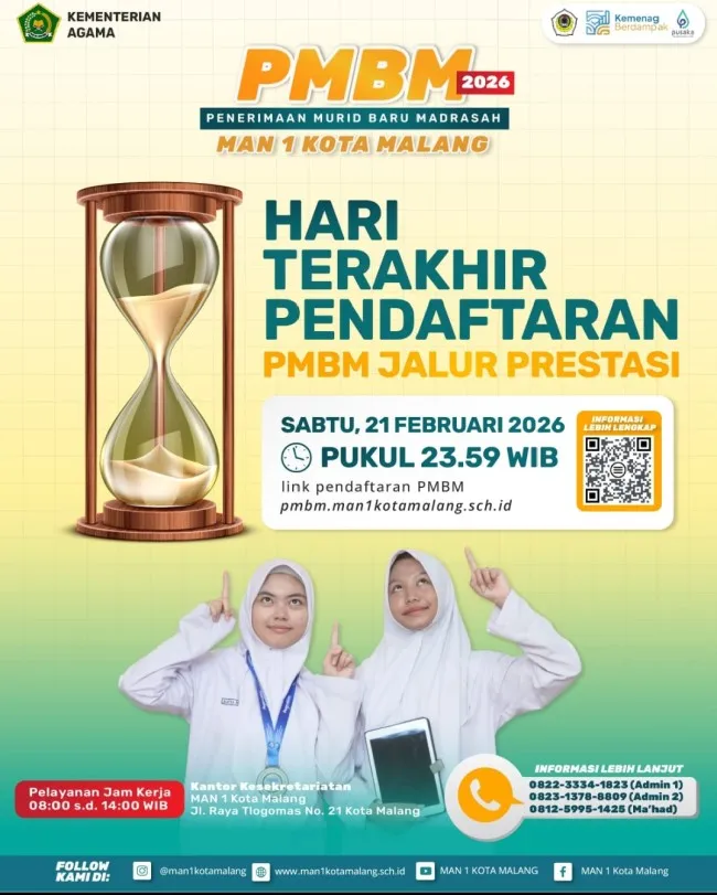 Pendaftaran Jalur Prestasi PMBM 2026 di MAN 1 Kota Malang Ditutup Hari Ini