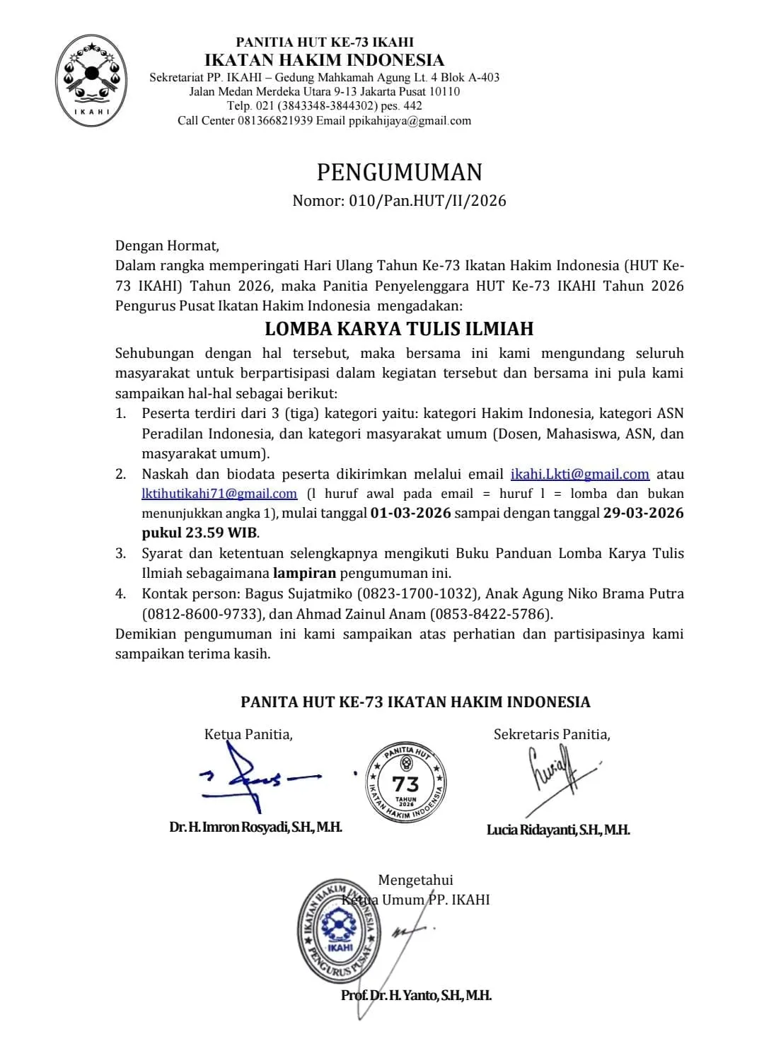 HUT ke-73 IKAHI: Lomba Karya Tulis Ilmiah Tingkatkan Literasi Hukum