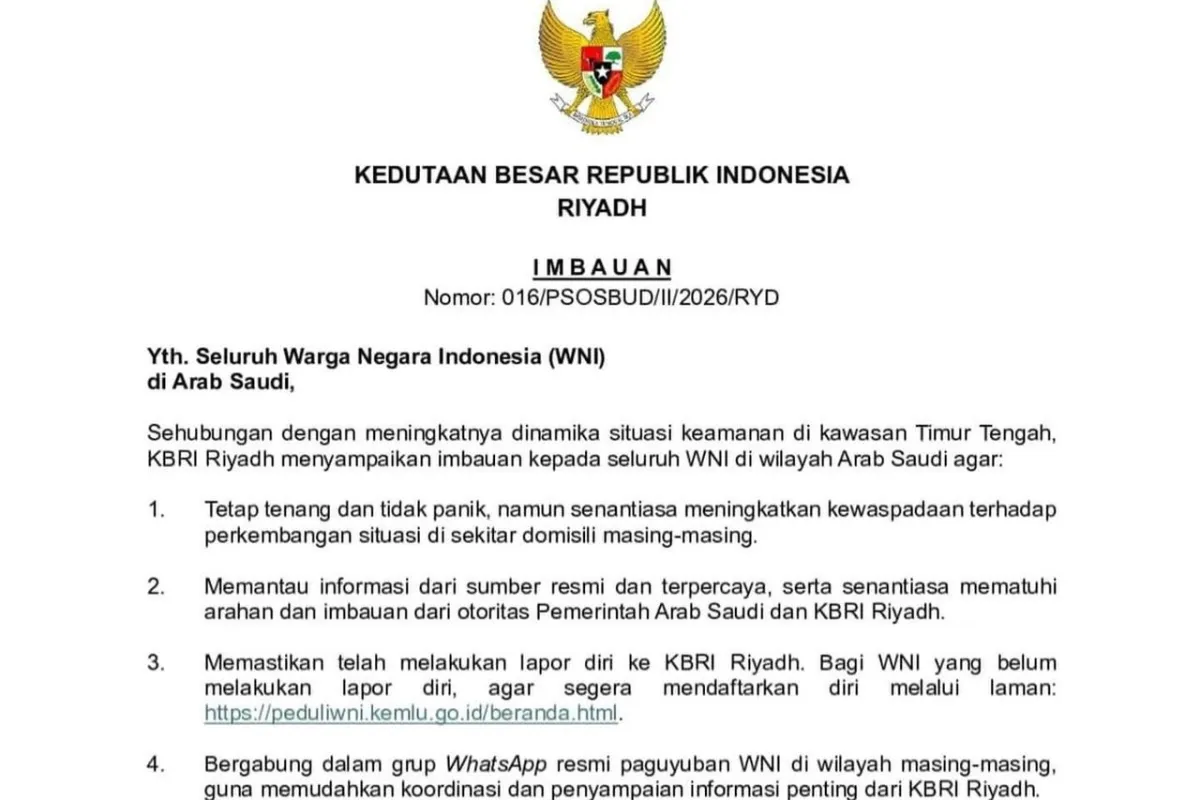 KBRI Riyadh Imbau WNI Tingkatkan Kewaspadaan di Tengah Ancaman Keamanan