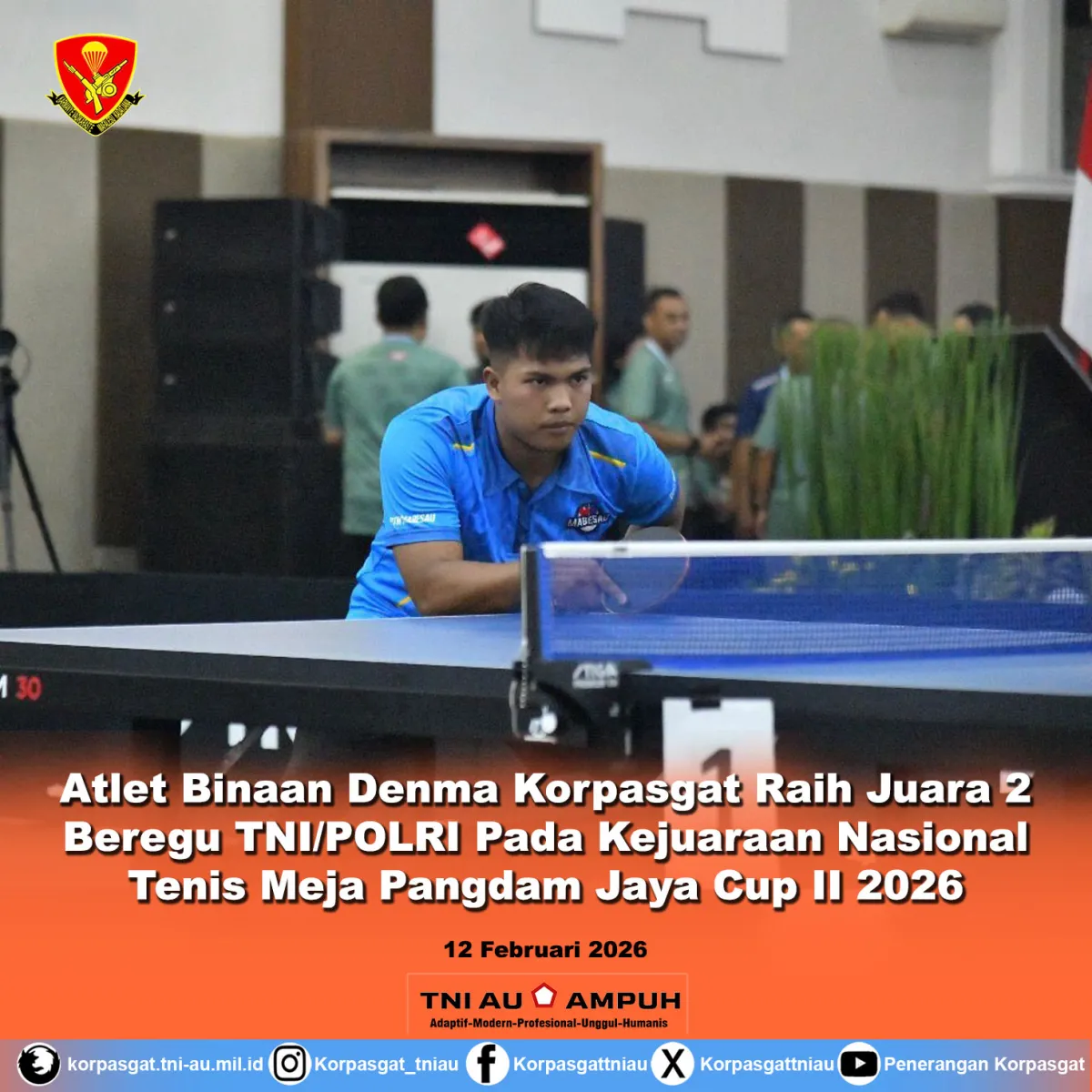 Denma Korpasgat Sabet Juara 2 Tenis Meja TNI/POLRI di Pangdam Jaya Cup II 2026