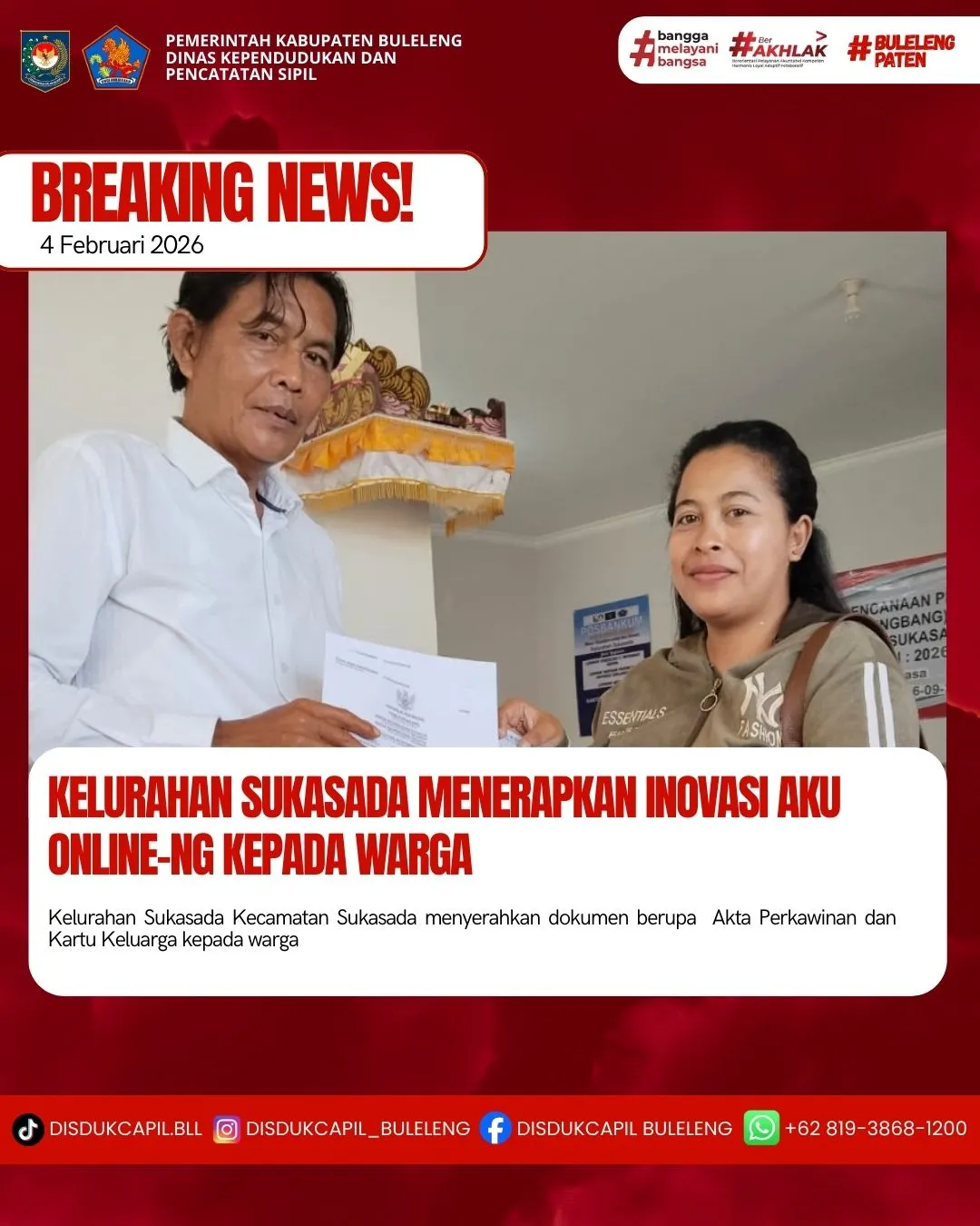 Inovasi Aku Online-NG Permudah Pelayanan Dokumen Kependudukan di Sukasada
