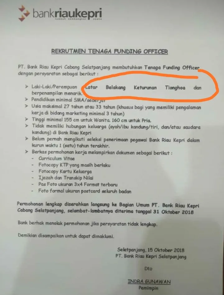 Penjelasan Bank Riau Kepri Terkait Rekrutmen Tenaga Funding Officer dengan Latar Belakang Tionghoa
