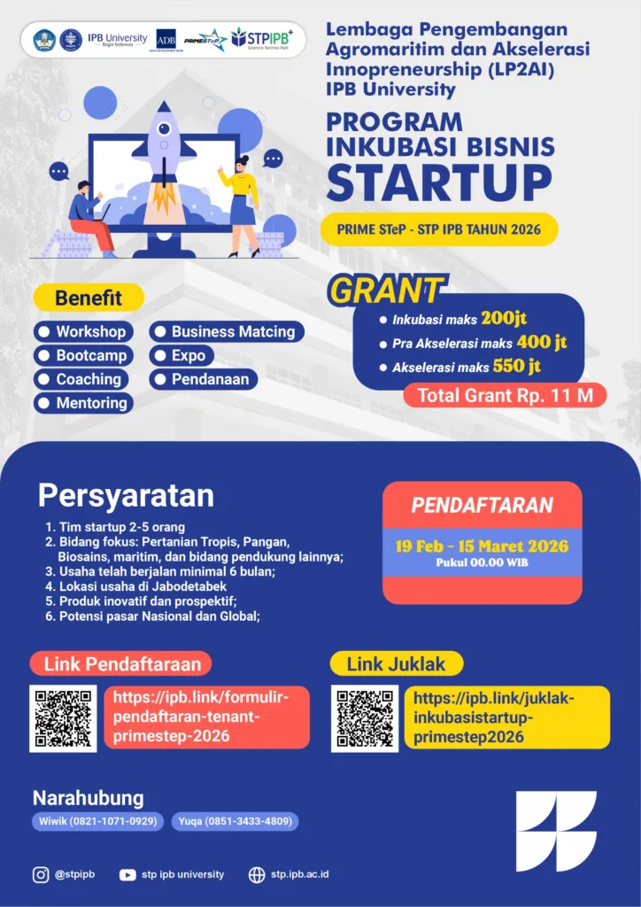 Pendaftaran Program Inkubasi Bisnis Startup PRIME STeP IPB 2026 Dibuka