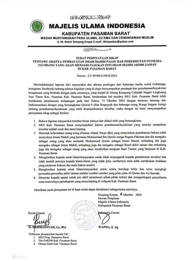 MUI Pasaman Barat Tegaskan Penolakan Terhadap Klaim Imam Mahdi Palsu dan Perekrutan Pasukan Inti