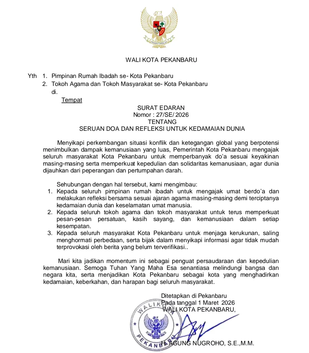 Wali Kota Pekanbaru Serukan Doa Bersama untuk Kedamaian Dunia