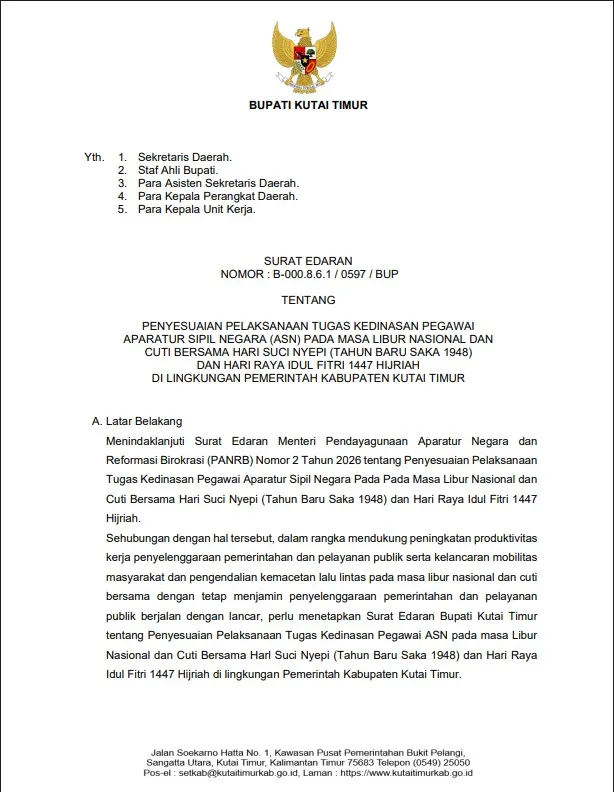 Bupati Kutim Terapkan Penyesuaian Jam Kerja ASN untuk Libur Nyepi dan Idulfitri