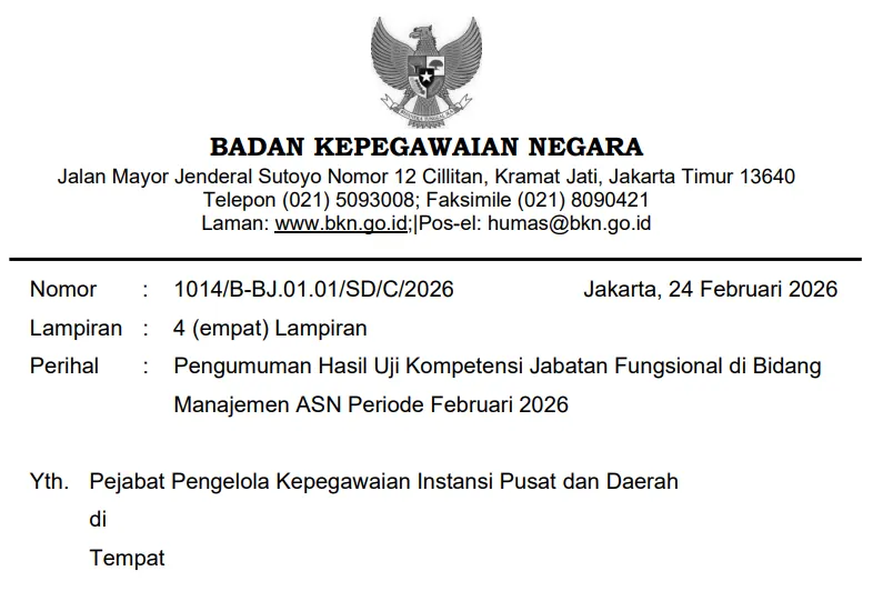 Hasil Uji Kompetensi Jabatan Fungsional Manajemen ASN Februari 2026 Diumumkan