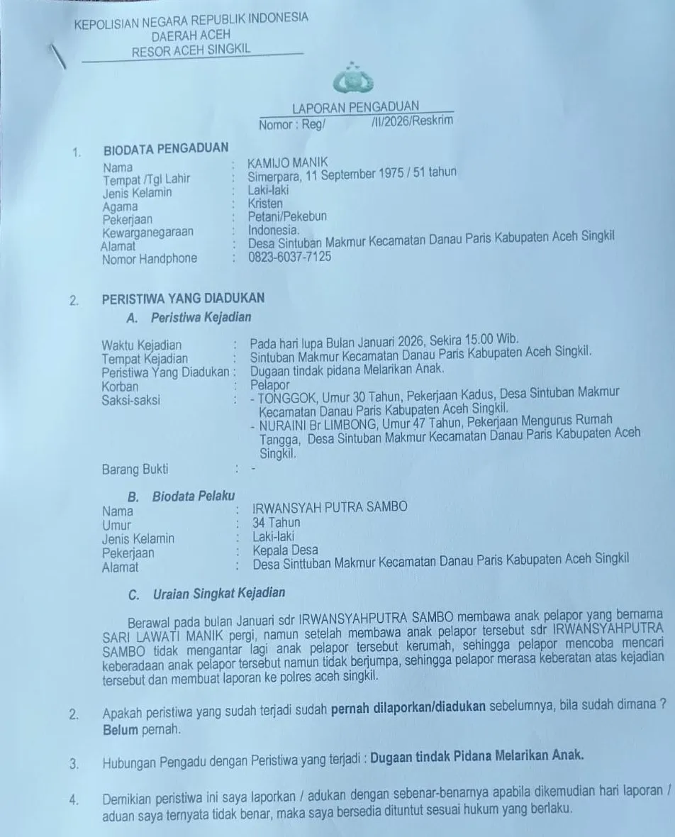 Oknum Kades Dilaporkan Polisi Terkait Kasus Kehamilan Gadis di Aceh Singkil