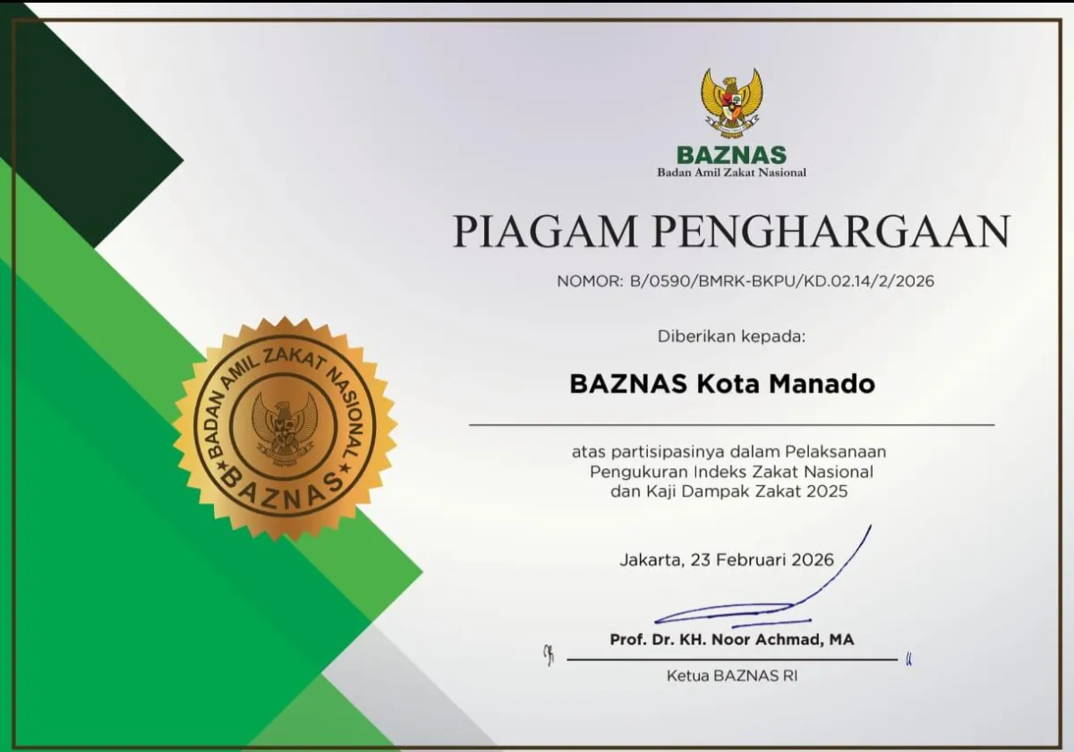 BAZNAS Kota Manado Raih Penghargaan Nasional atas Konsistensi Indeks Zakat