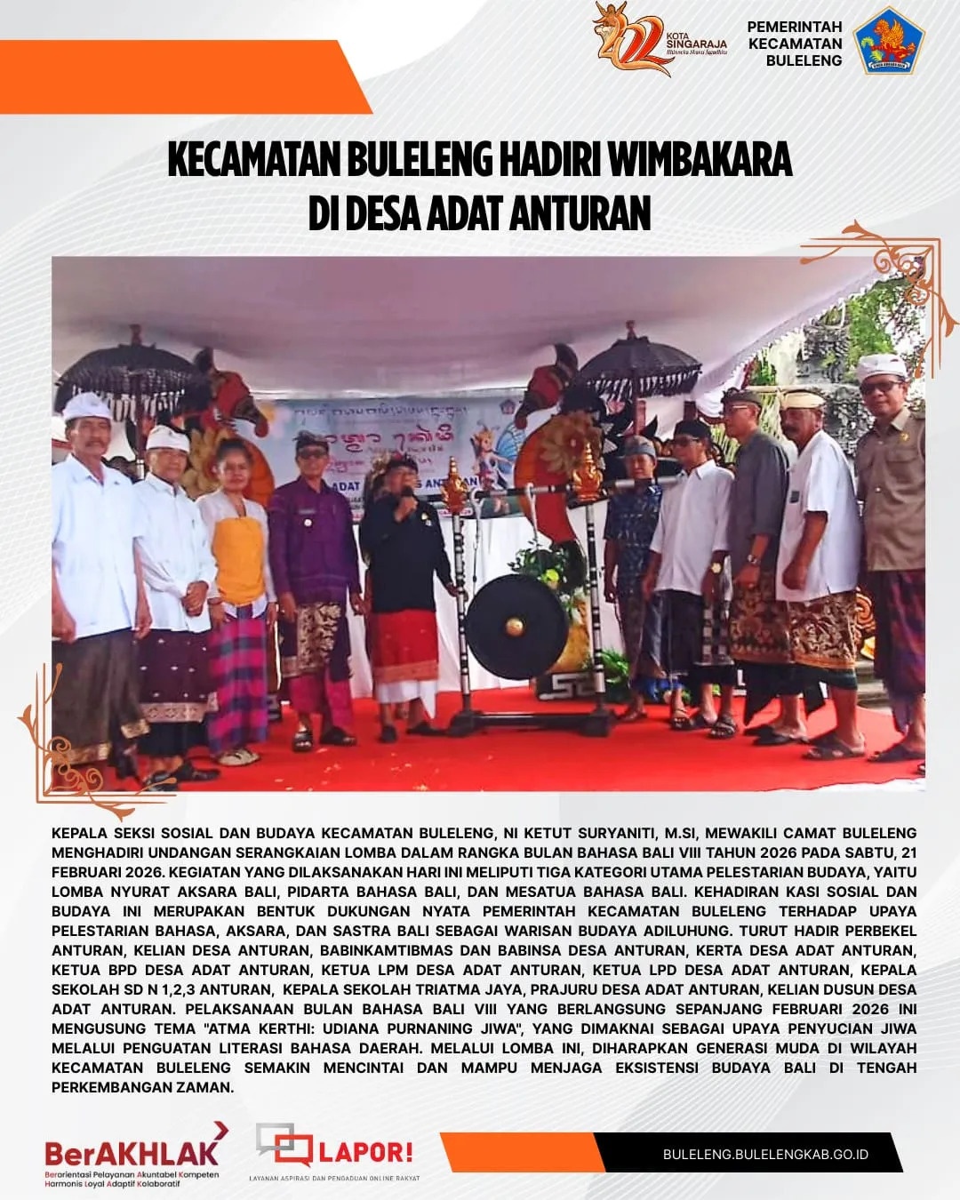 Dukungan Pelestarian Bahasa Bali, Kecamatan Buleleng Hadiri Bulan Bahasa Bali VIII