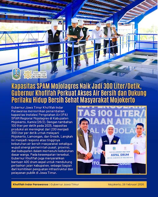 Gubernur Khofifah Resmikan Peningkatan Kapasitas SPAM Mojolagres Jadi 300 Liter per Detik