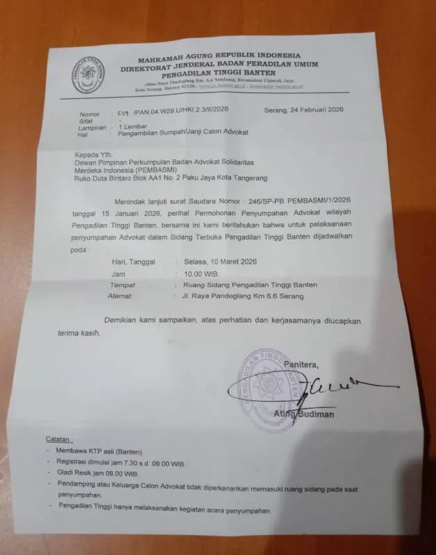 20 Calon Advokat Pembasmi Disumpah di Pengadilan Tinggi Banten pada Maret 2026