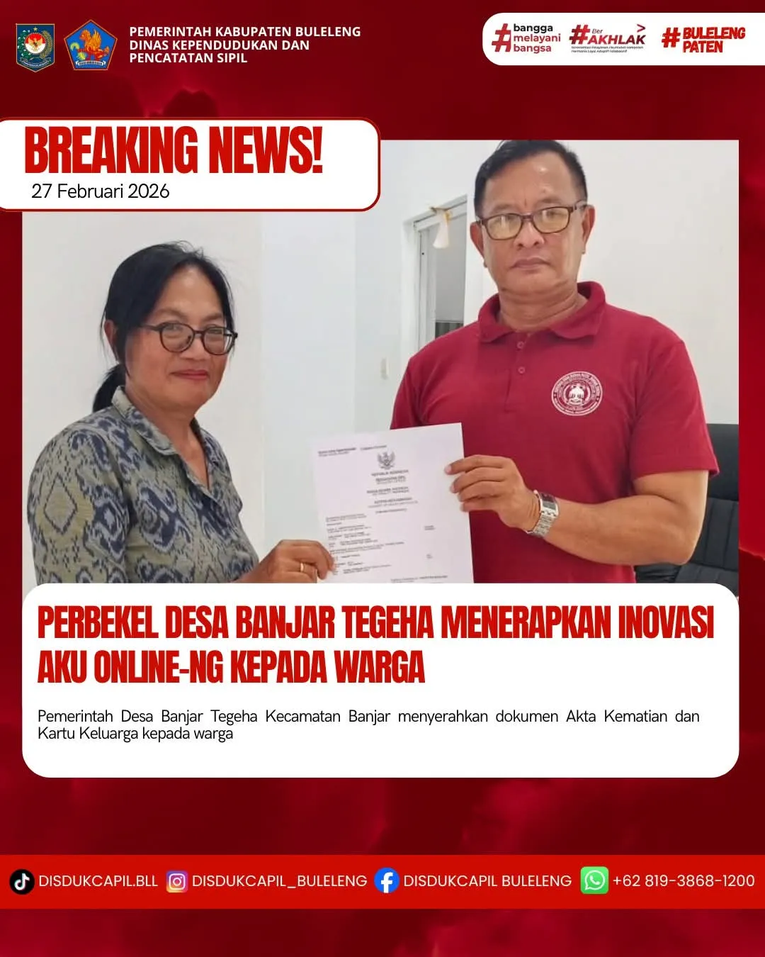 Inovasi Layanan Aku Online-NG Permudah Pendaftaran Dokumen Kependudukan di Desa Banjar Tegeha