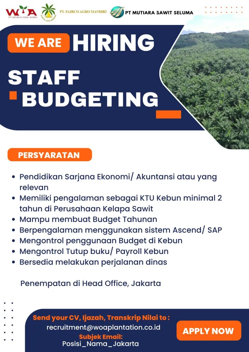 Loker Sawit WOA Group Posisi Staff Budget - Februari 2026