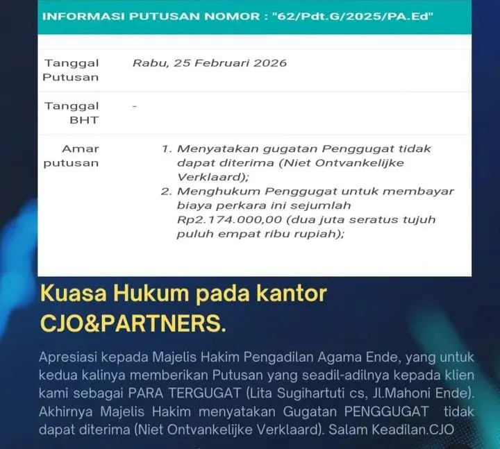 Pengadilan Agama Ende Tolak Gugatan Warisan Karena Cacat Formil