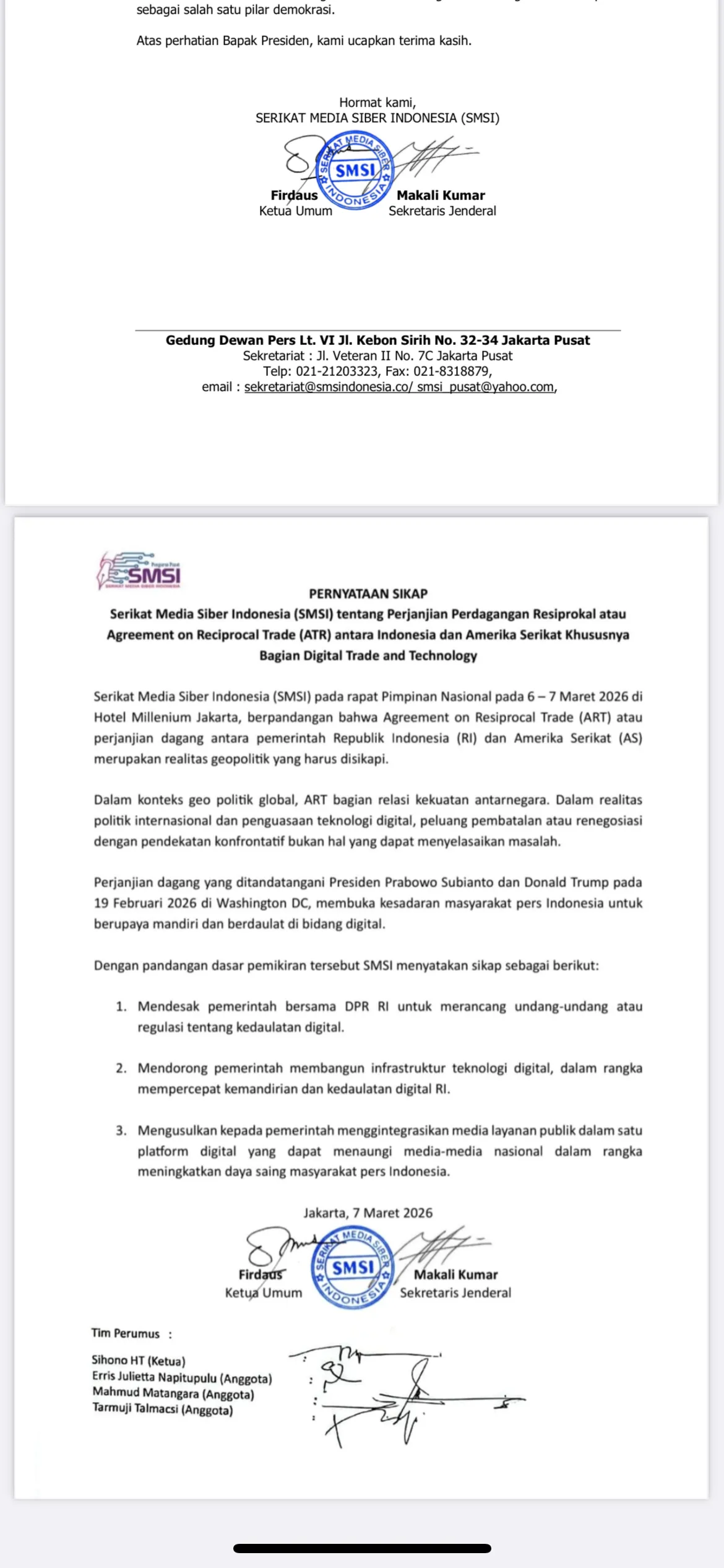 SMSI Tegaskan Pentingnya Kedaulatan Digital dalam Surat Terbuka untuk Presiden Prabowo