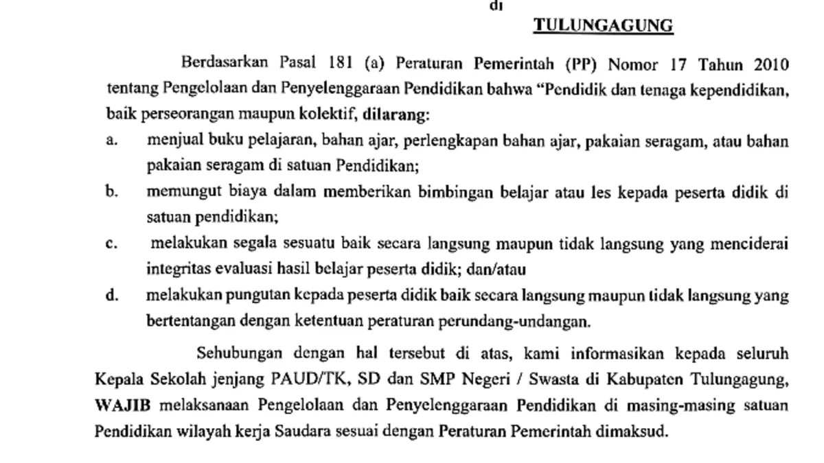 Dinas Pendidikan Tulungagung Tegaskan Larangan Jual Beli Buku dan Seragam di Sekolah