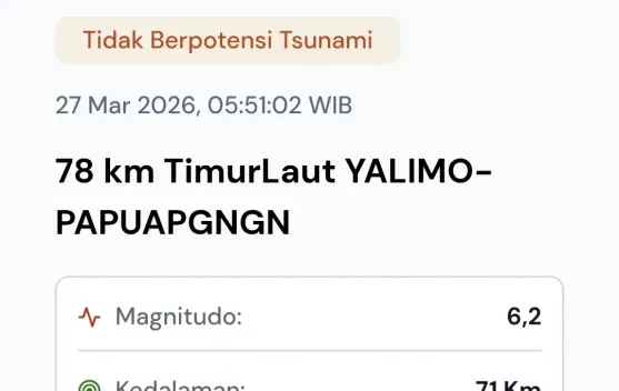 Gempa Magnitudo 6.2 Guncang Yalimo, Papua