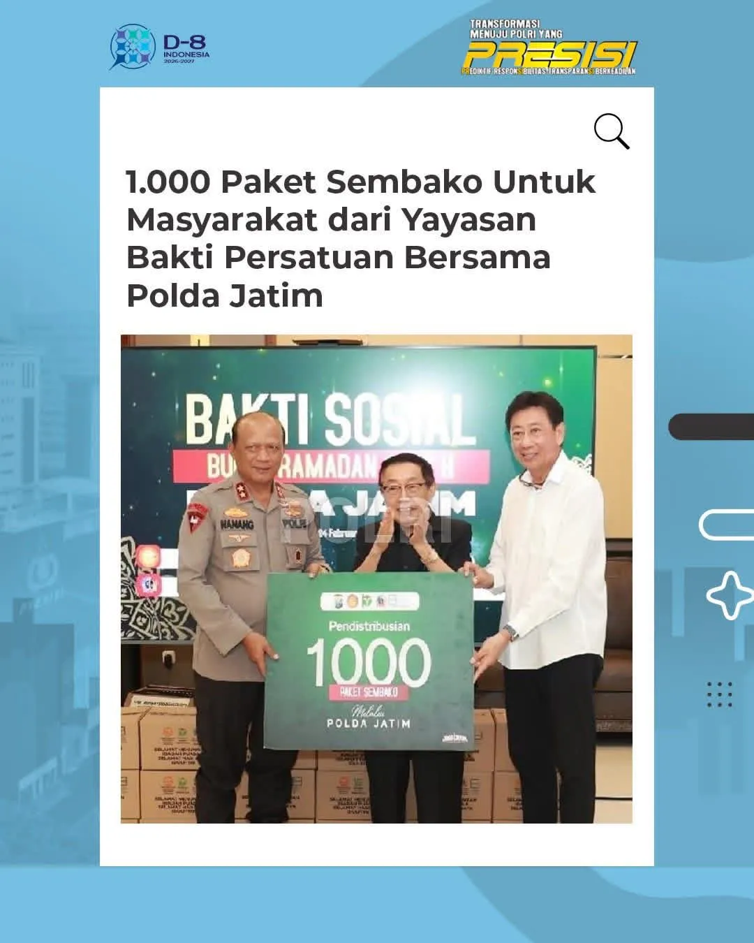 Polda Jatim Terima 1.000 Paket Sembako untuk Warga Kurang Mampu