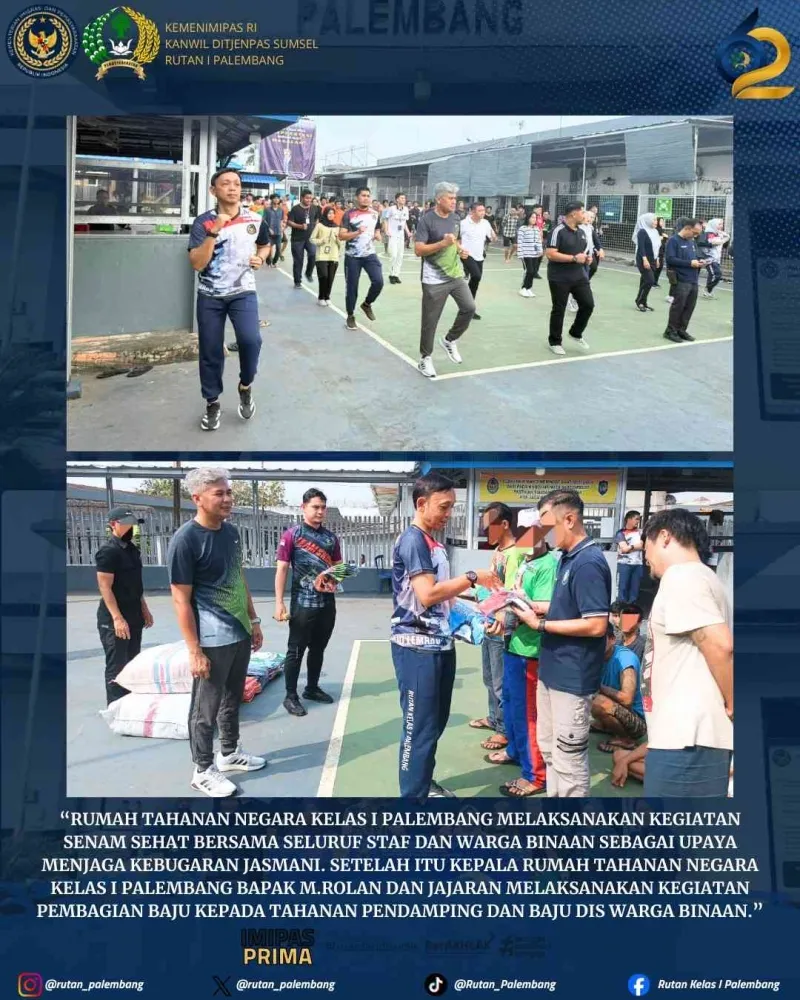 Rutan Kelas I Palembang Gelar Senam Sehat dan Pembagian Baju untuk Warga Binaan