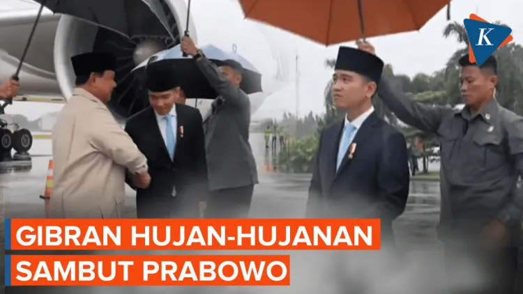 Gibran Sambut Kembali Prabowo di Tengah Hujan