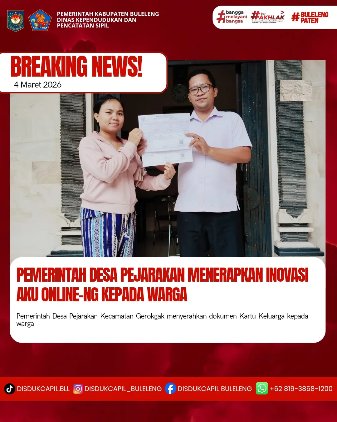 Inovasi Aku Online-NG Permudah Pelayanan Dokumen Kependudukan di Desa Pejarakan