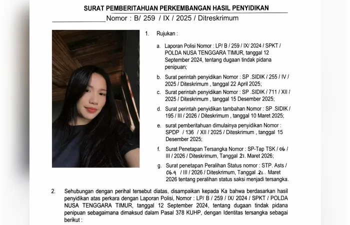 Polda NTT Tetapkan Theresiani Alphanita Gagur sebagai Tersangka Kasus Penipuan Rp200 Juta